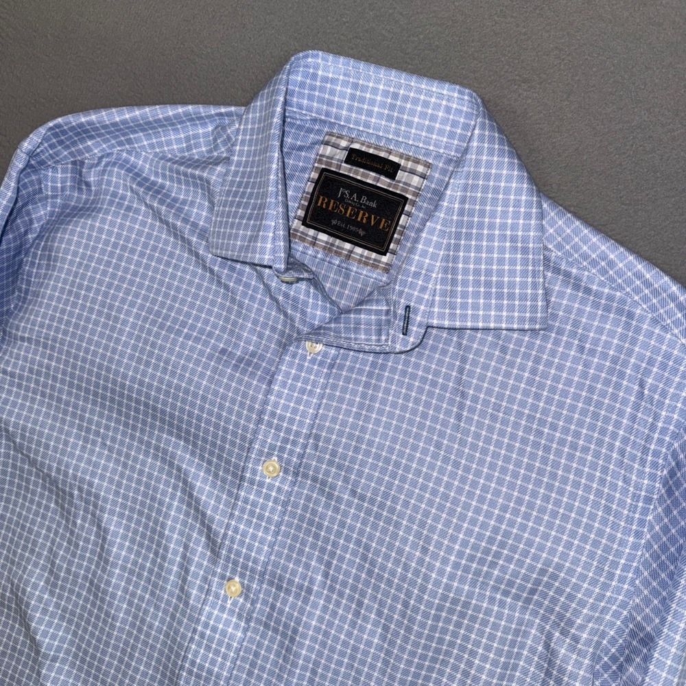 Jos A Bank Reserve Shirt Mens Large Blue Check Traditional Fit Long Sleeve Dress